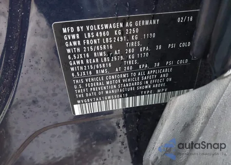 2016 Volkswagen Tiguan S из США, поврежденный, VIN WVGBV7AX1GW590419